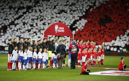 Fans display a poppy mosaic as the players line up before the match. Wales v Serbia - 2018 World Cup Qualifying European Zone - Group D - Cardiff City Stadium, Cardiff, Wales - 12/11/16. Action Images via Reuters / Matthew Childs Livepic