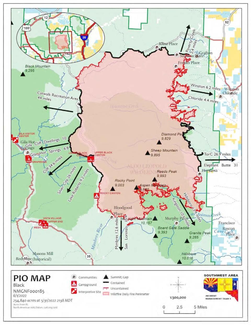 A U.S. Forest Service map shows the distance the Black Fire is from nearby towns and recreational sites June 1, 2022.