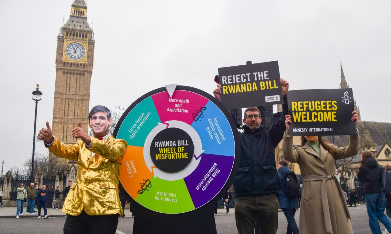 <span>Activists protest outside the UK parliament before the House of Lords Rwanda bill vote on 11 March.</span><span>Photograph: Vuk Valcic/Zuma Press Wire/Rex/Shutterstock</span>