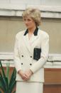 <p>The Princess opted for an iconic color palette–black and white everything–for a glitzy event at London's National Gallery in March 1988.<br></p>