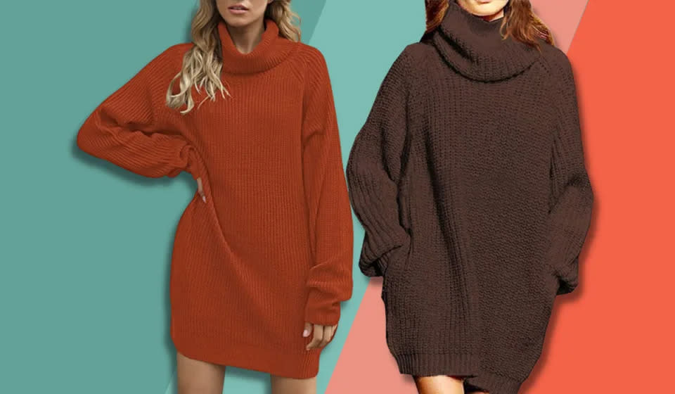 A photo of two styles of sweaters on a colorful background.