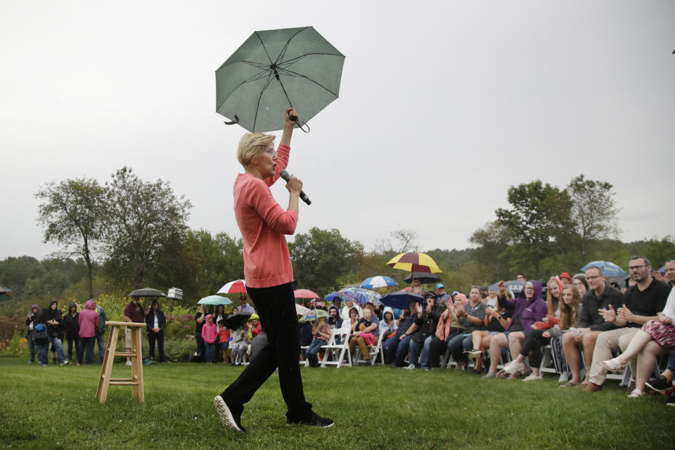 Democratic presidential candidate Sen. Elizabeth Warren, D-Mass., gestures with an umbrella as she speaks at a campaign event, Monday, Sept. 2, 2019, in Hampton Falls, N.H. (AP Photo/Elise Amendola)