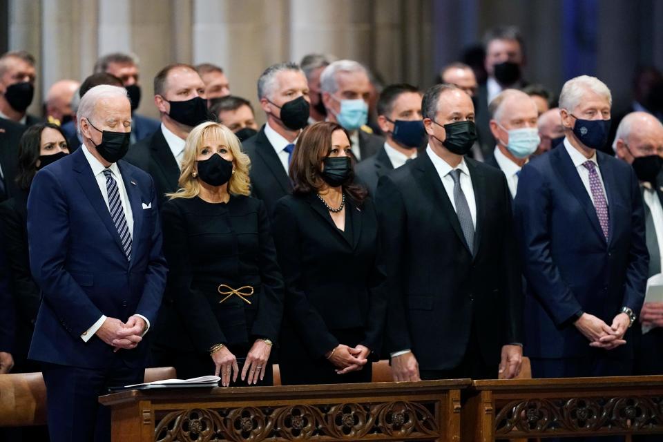 From left, President Joe Biden, first lady Jill Biden, Vice President Kamala Harris, her husband Doug Emhoff, and former President Bill Clinton, attend the funeral of former Sen. Bob Dole of Kansas, at the Washington National Cathedral, on Friday.