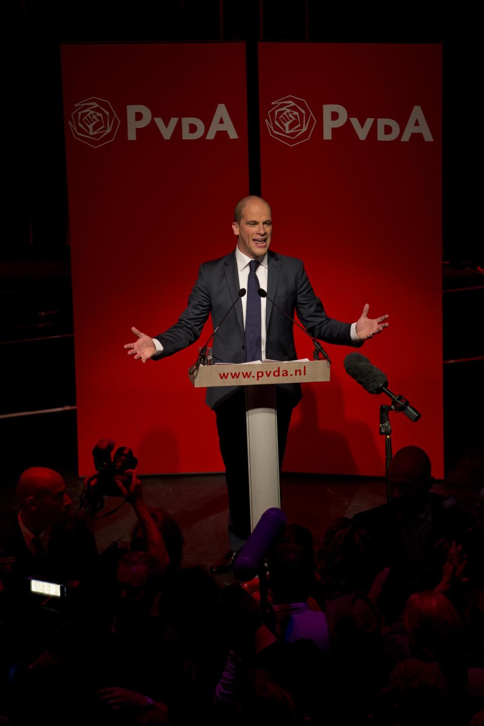 Labor Party Diederik Samsom address supporters after exit poll results of the parliamentary elections were announced in Amsterdam, Netherlands, Wednesday Sept. 12, 2012. An exit poll commissioned by the two biggest Dutch news broadcasters has predicted a narrow election victory for the Prime Minister Mark Rutte's free-market VVD party. The exit poll, which will be updated with late votes, gave the VVD 41 of the House of Representatives' 150 seats and the center-left Labor Party 40 votes. The poll has a 1.5 percent margin of error, and the broadcasters said the final result was still too close to call. (AP Photo/Peter Dejong)