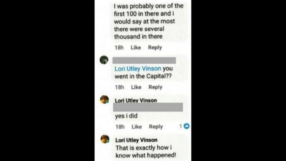 Lori Ann Vinson told people on Facebook she was one of the first 100 people to get inside the U.S. Capitol on Monday, Jan. 6, 2021, according to the FBI.