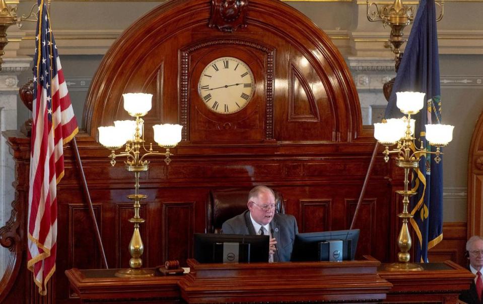 Kansas state Rep. and House Speaker Dan Hawkins, R-Wichita, speaks during a session at the Capitol on Monday, Jan. 9, 2023, in Topeka.