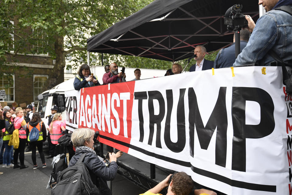 Labour party leader Jeremy Corbyn speaking on stage at an anti-Trump protest in Whitehall, London, on the second day of the state visit to the UK by US President Donald Trump.