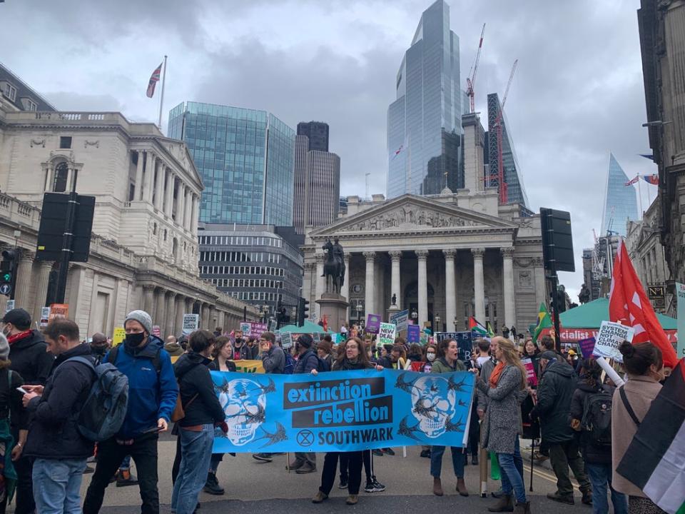 Crowds gathered outside the Bank of England at 12pm before marching on to Trafalgar Square. (Emily Atkinson/ The Independent)