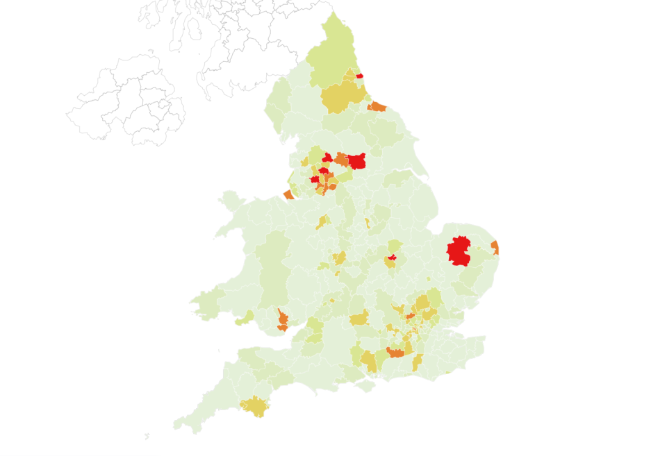 Map showing the percentage chance areas in England and Wales will become coronavirus hotspots in the week September 13 to 19. The darker the shade of red the likelier it is they will be a hotspot. (Imperial College London)