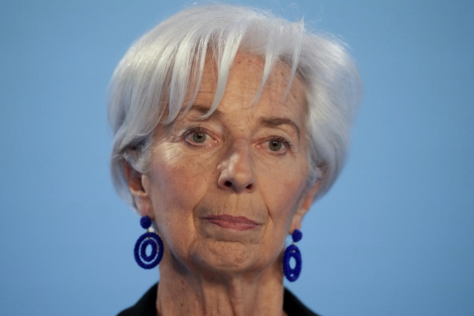 Christine Lagarde, President of European Central Bank, arrives for a press conference after a meeting of the ECB's governing council in Frankfurt, Germany, Thursday, May 4, 2023. (AP Photo/Michael Probst)