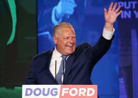 Progressive Conservative (PC) leader Doug Ford waves during his election night party following the provincial election in Toronto, Ontario, Canada, June 7, 2018. REUTERS/Carlo Allegri