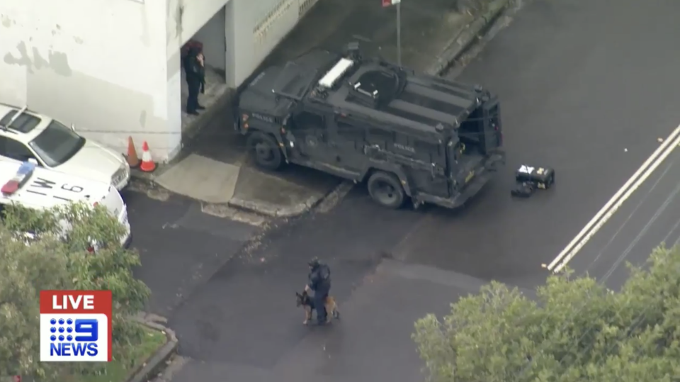 An armoured police vehicle is seen in Sydney's suburb of Lewisham.