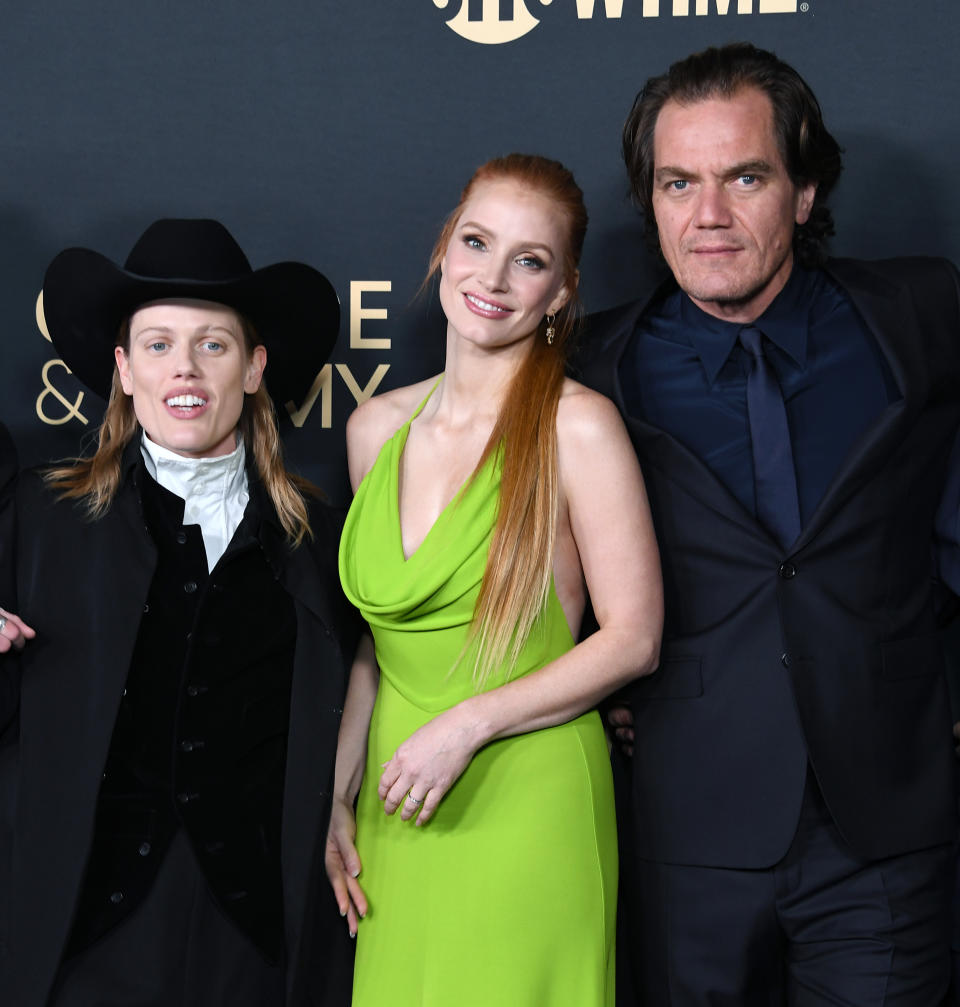 LOS ANGELES, CALIFORNIA - NOVEMBER 21: (L-R) Kelly McCormack, Jessica Chastain, and Michael Shannon attend Showtime's "George & Tammy" premiere event at Goya Studios on November 21, 2022 in Los Angeles, California. (Photo by Jon Kopaloff/Getty Images)