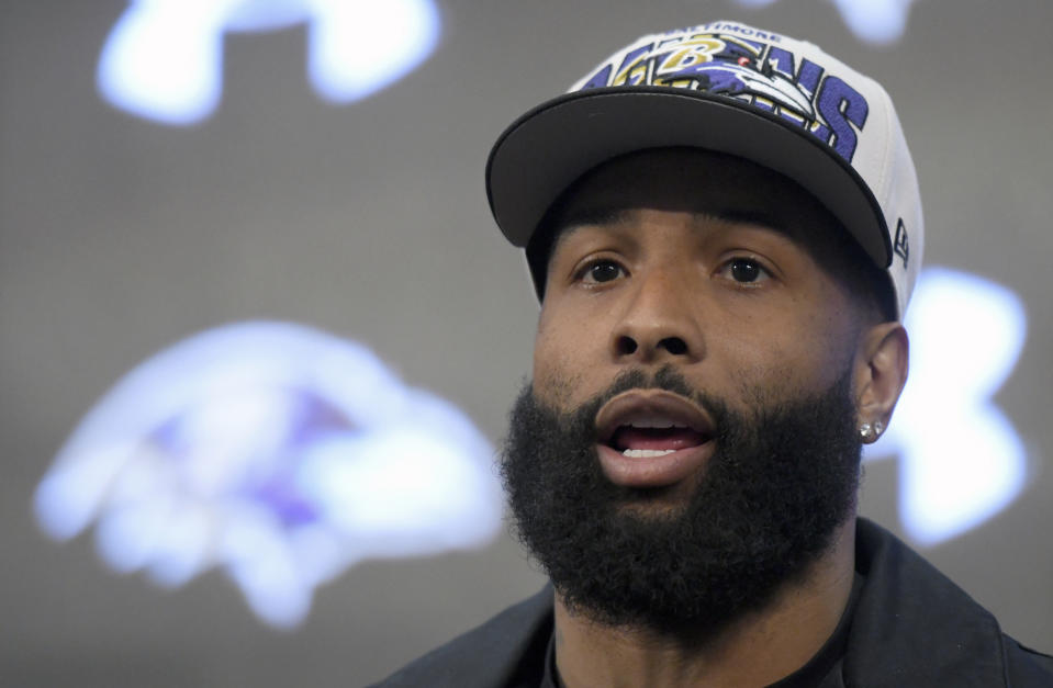 Recently signed Baltimore Ravens NFL football wide receiver Odell Beckham Jr. speaks during a news conference at the team's practice facility in Owings Mills, Md., Thursday, April 13, 2023. (AP Photo/Steve Ruark)