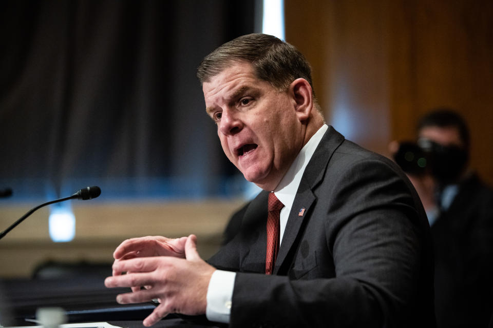 WASHINGTON, DC - FEBRUARY 04: Labor secretary nominee Marty Walsh testifies at his confirmation hearing before the Senate Health, Education, Labor, and Pensions Committee in the Dirksen Senate Office Building on Capitol Hill February 4, 2021 in Washington, DC. Walsh was previously the mayor of Boston. (Photo by Graeme Jennings-Pool/Getty Images)