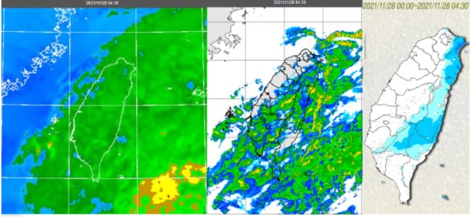 吳德榮表示，今晨4：30紅外線色調強化雲圖顯示，東北風迎風面的低層雲，被台灣南方移入的中層雲所覆蓋(左圖)。4：30雷達回波合成圖顯示，東半部有降水回波，台灣南方亦有較弱的回波移入(中圖)。4：30累積雨量圖顯示，大台北、東半部及中南部有局部降雨，以東北角、宜花及南部山區較明顯(右圖)。   圖/「三立準氣象．老大洩天機」