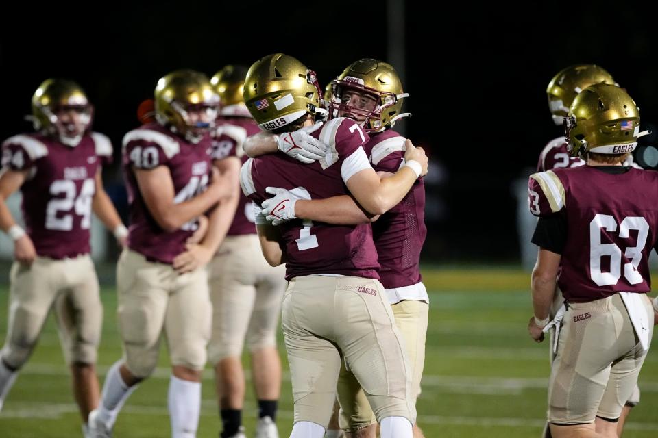 Watterson players celebrate their 35-7 win over Hartley on Sept. 22 at Ohio Dominican.