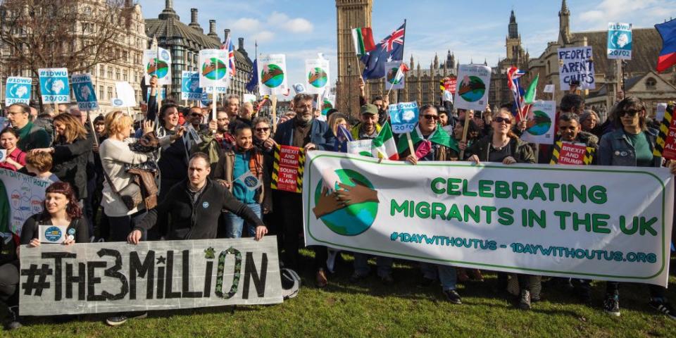 Protestors rally outside Parliament to campaign for EU citizens' rights.