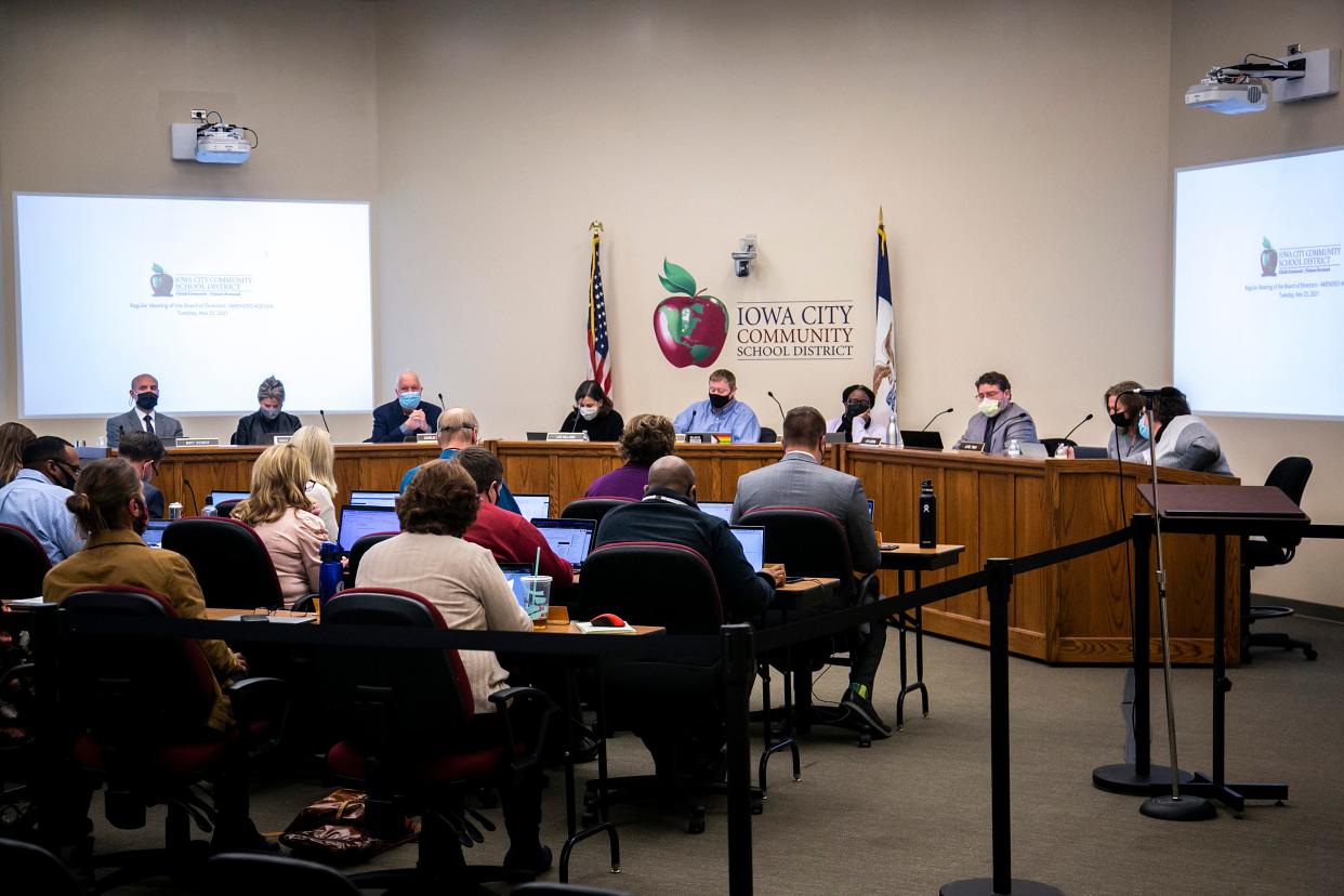 From left, Matt Degner, superintendent of the Iowa City Community School District, and board members, Maka Pilcher-Hayek, Charlie Eastham, Lisa Williams, Shawn Eyestone, president of the board, Ruthina Malone, vice president of the board, J.P. Claussen and Jayne Finch listen during a meeting, Tuesday, Nov. 23, 2021, at the district's Educational Services Center (ESC) at 1725 North Dodge Street in Iowa City, Iowa.