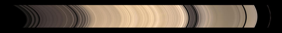 Details of Saturn's icy rings are visible in this sweeping view from Cassini of the planet's glorious ring system. The total span, from A ring to F ring, covers approximately 40,800 miles (65,700 km) and was photographed at Nov. 26, 2008.