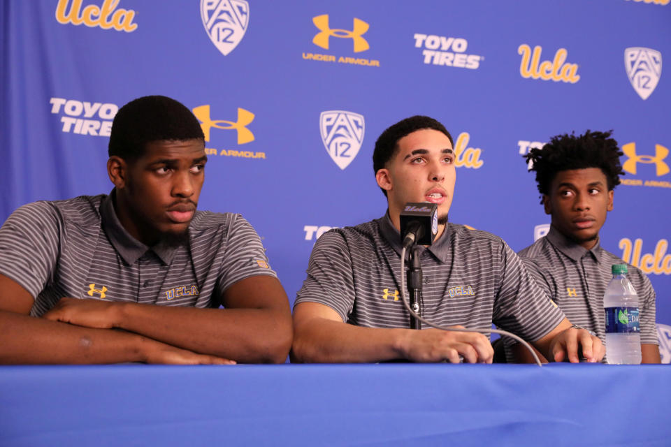 Cody Riley, LiAngelo Ball and Jalen Hill addressed the press after returning from China. (Reuters)