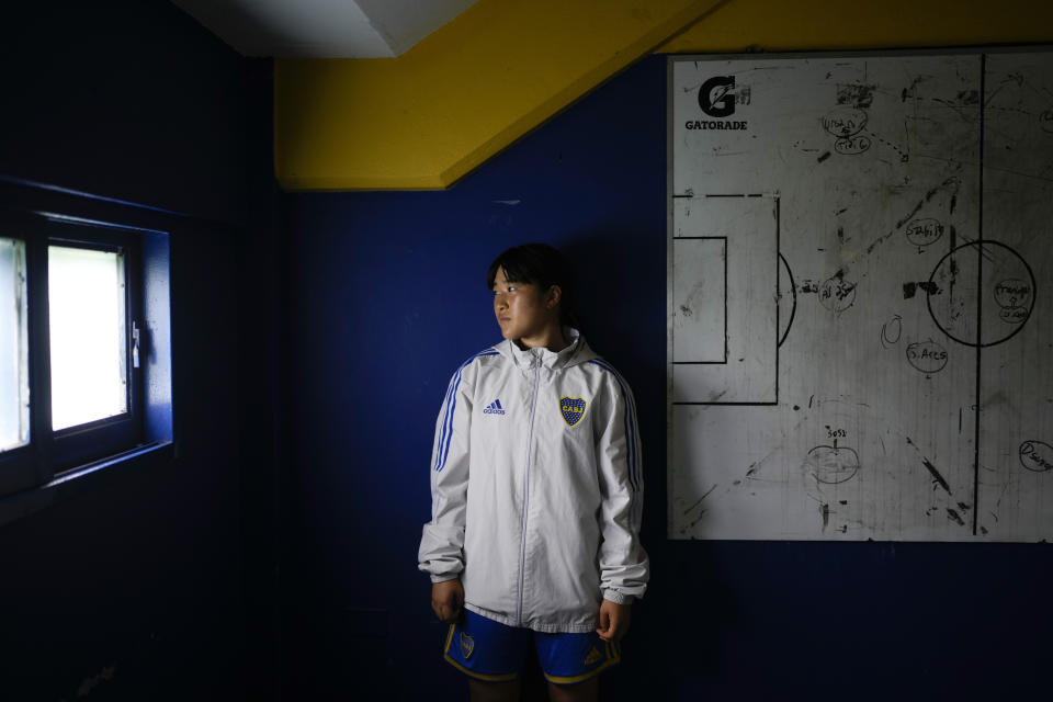 Boca Juniors' player Yuria Sasaki, from Japan, poses for a portrait at her club's facilities in Buenos Aires, Argentina, Tuesday, March 12, 2024. Sasaki is part of a growing group of foreigners joining the Argentinian league as it seeks to boost its recently turned professional women's soccer teams. (AP Photo/Natacha Pisarenko)