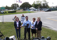 Rep. Joaquin Castro, D-Texas, second from left, chairman of the Congressional Hispanic Caucus, speaks during a news conference after touring the Homestead Temporary Shelter for Unaccompanied Children with Rep. Debbie Mucarsel-Powell, D-Fla., left, Rep. Donna Shalala, D-Fla., second from right, and Rep. Sylvia Garcia, D-Texas, right, Tuesday, Feb. 19, 2019, in Homestead, Fla. (AP Photo/Wilfredo Lee)