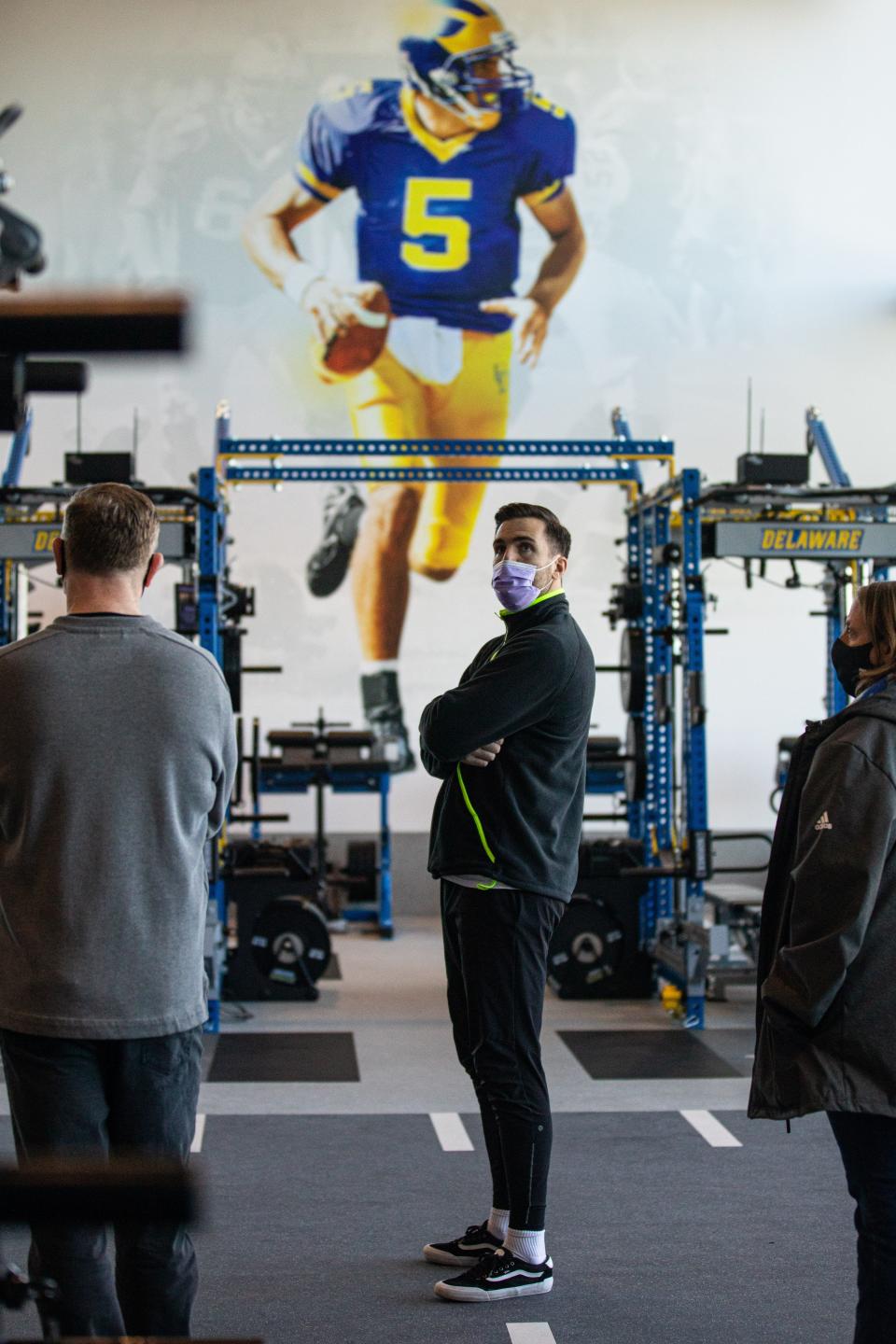 Former Delaware quarterback Joe Flacco during a March 2 visit to the Whitney Athletic Center's Joe and Dana Flacco Family Strength and Conditioning Center.