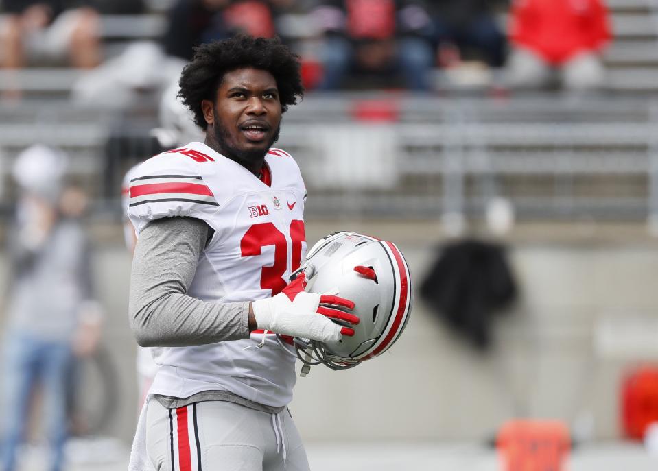 Ohio State linebacker K’Vaughan Pope warms up for the team's spring game at Ohio Stadium in Columbus on Saturday, April 17, 2021.