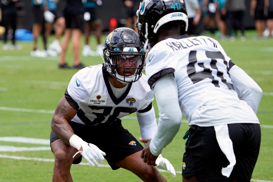 Jacksonville Jaguars cornerback Christian Braswell, left, goes against cornerback Erick Hallett II (40) during an NFL football rookie camp, Friday, May 12, 2023, in Jacksonville, Fla. (AP Photo/John Raoux)