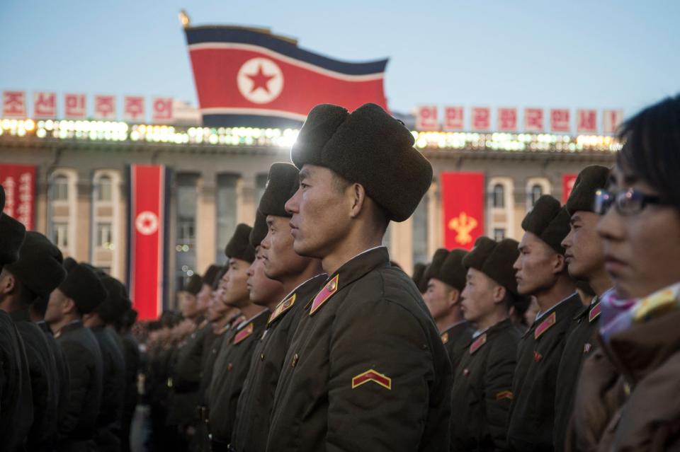 North Korean soldiers attend a mass rally to celebrate the North's declaration on November 29 it had achieved full nuclear statehood, on Kim Il-Sung Square in Pyongyang on December 1, 2017.