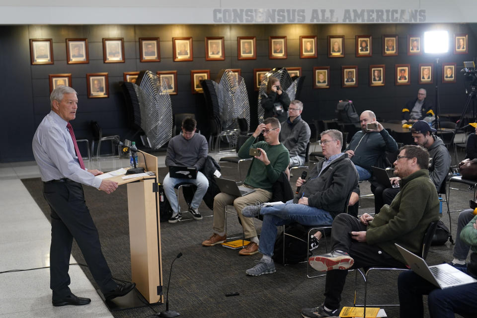 Iowa head coach Kirk Ferentz speaks during a news conference, Tuesday, Oct. 31, 2023, in Iowa City, Iowa. Iowa interim athletic director Beth Goetz announced on Monday that Ferentz's son, Brian, would not return as offensive coordinator next year. (AP Photo/Charlie Neibergall)