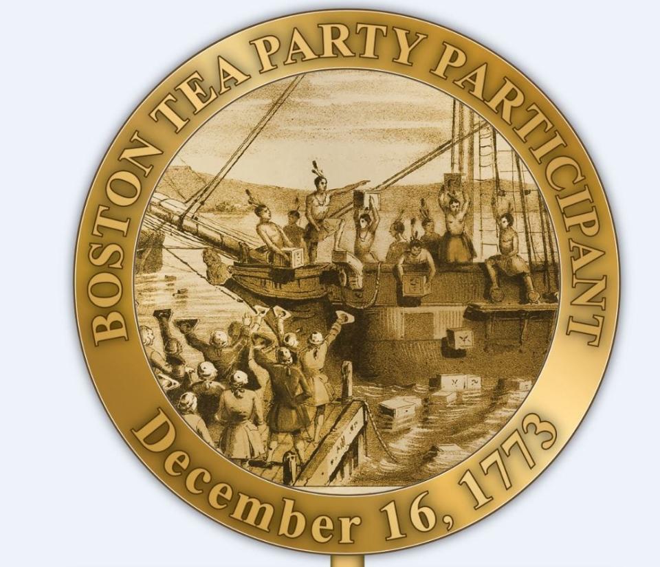 This commemorative plaque is part of the 250th Boston Tea Party anniversary year.