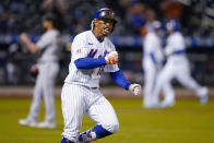 New York Mets' Francisco Lindor runs the bases after hitting a two-run home run off Arizona Diamondbacks relief pitcher Caleb Smith during the seventh inning of a baseball game, Friday, May 7, 2021, in New York. (AP Photo/John Minchillo)