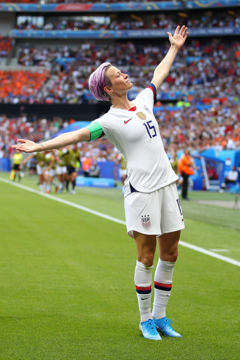 Rapinoe celebrates scoring the first goal from the penalty spot during the 2019 FIFA Women's World Cup France final match between the United States of America and the Netherlands at Stade de Lyon in Lyon, France, on July 07, 2019.