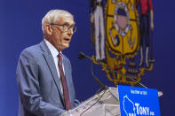Wisconsin Gov. Tony Evers makes his acceptance speech Wednesday, Nov. 9, 2022, in Madison, Wis., after beating businessman Tim Michels in Tuesday's governorship election. (AP Photo/Andy Manis)