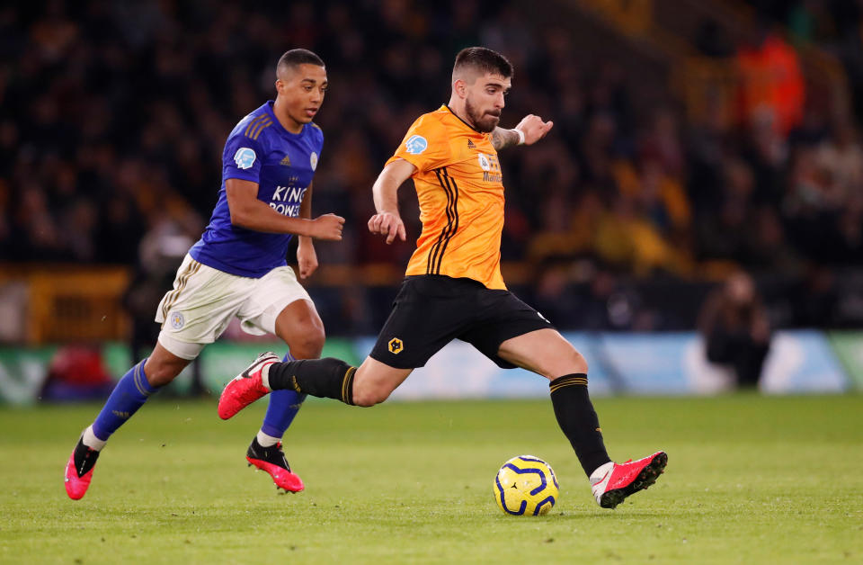 Wolverhampton Wanderers' Ruben Neves (right) in action with Leicester City's Youri Tielemans.