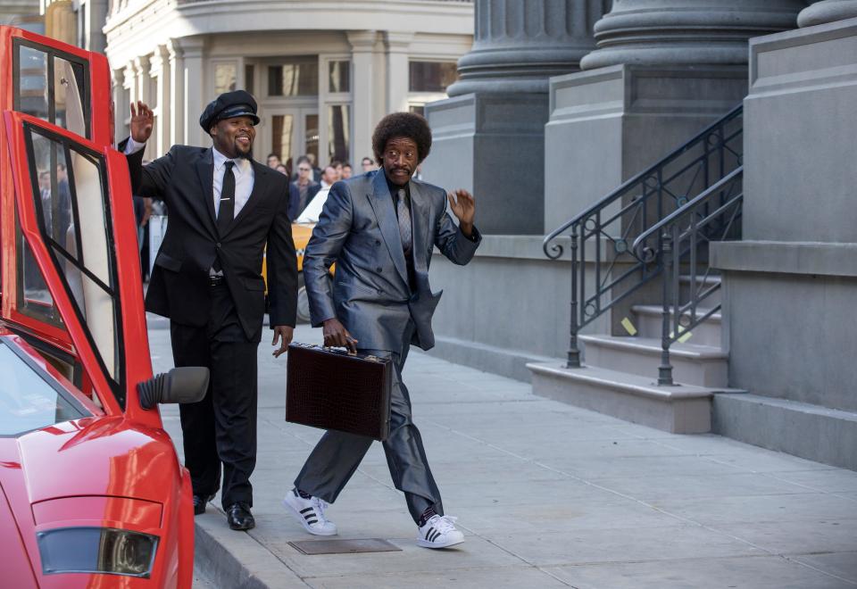 Wall Street trader Maurice Monroe (Don Cheadle), right, exits his Lambo limo in Showtime's 'Black Monday.'