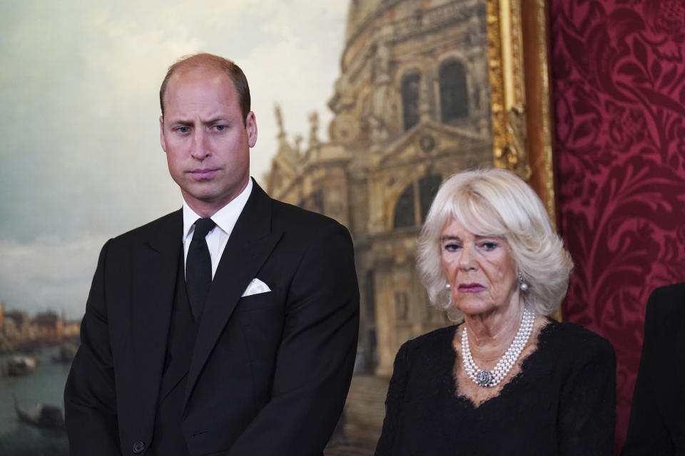 Britain's Prince William and Camilla, the Queen Consort, during the Accession Council ceremony at St James's Palace, London, Saturday, Sept. 10, 2022, where King Charles III is formally proclaimed monarch. (Kirsty O'Connor/Pool Photo via AP)