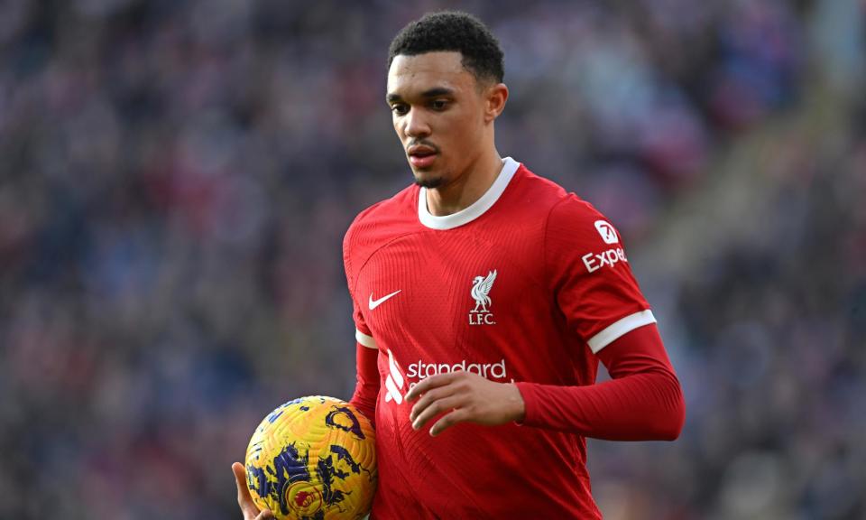 <span><a class="link " href="https://sports.yahoo.com/soccer/players/591019/" data-i13n="sec:content-canvas;subsec:anchor_text;elm:context_link" data-ylk="slk:Trent Alexander-Arnold;sec:content-canvas;subsec:anchor_text;elm:context_link;itc:0">Trent Alexander-Arnold</a> initially hurt his knee in <a class="link " href="https://sports.yahoo.com/soccer/teams/liverpool/" data-i13n="sec:content-canvas;subsec:anchor_text;elm:context_link" data-ylk="slk:Liverpool;sec:content-canvas;subsec:anchor_text;elm:context_link;itc:0">Liverpool</a>'s 2-0 victory over Arsenal in the FA Cup early last month.</span><span>Photograph: John Powell/Liverpool FC/Getty Images</span>