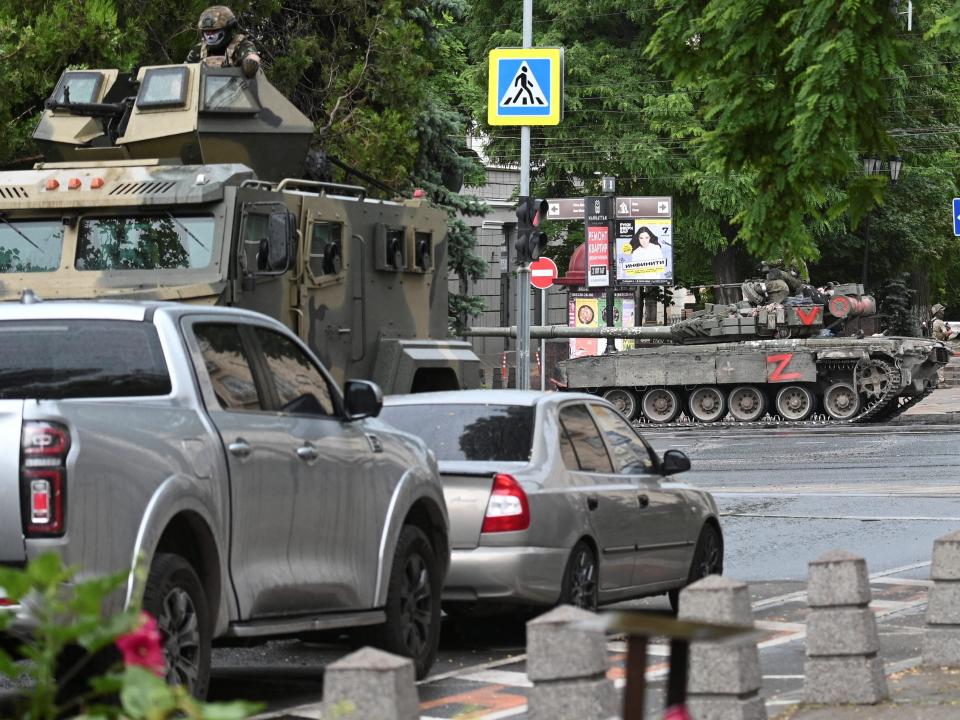 Fighters of Wagner private mercenary group are deployed in a street near the headquarters of the Southern Military District in the city of Rostov-on-Don, Russia, June 24, 2023.