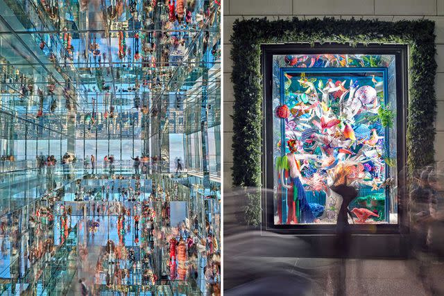 <p>Matthew Pillsbury</p> From left: Bundled-up visitors are refracted around Air, an immersive piece by Kenzo Digital at the Summit One Vanderbilt observation deck; Idyllic, one of the 2021 holiday window displays at Bergdorf Goodman—a favorite Fifth Avenue shopping destination for nearly 125 years.