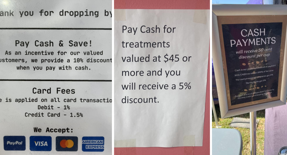 Signs showing businesses giving discounts if customers use cash
