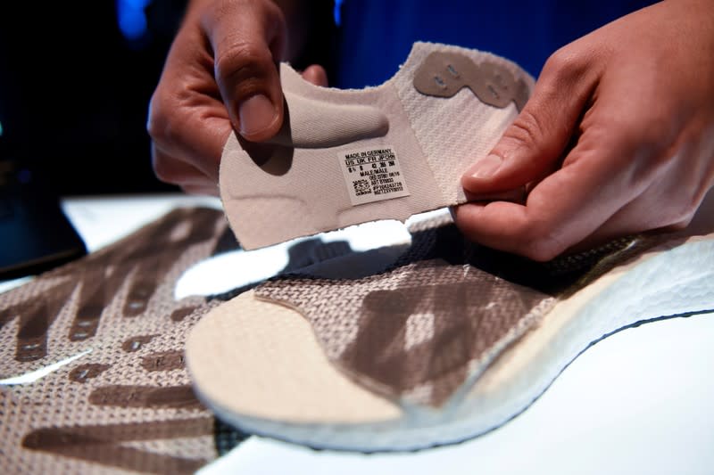 FILE PHOTO: Parts of prototypes of Futurecraft 3D shoe are pictured during presentation of first Adidas shoe from its new manufacturing process, Speedfactory in Berlin