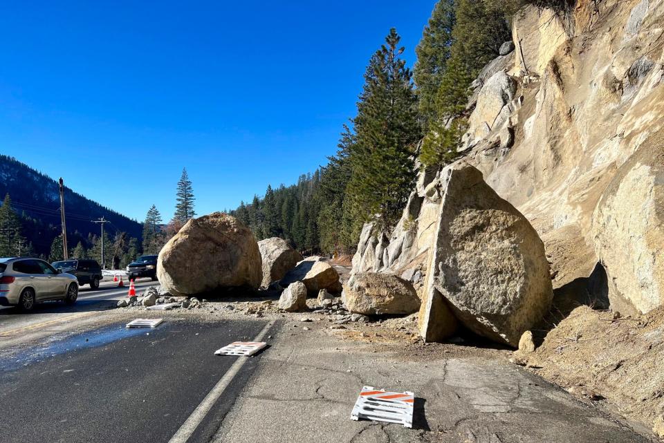 Large boulders fallen onto a California highway