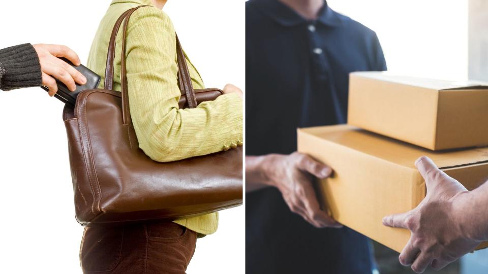 A pickpocket taking a wallet from a woman's handbag on the left and a package delivery at the door of a home.