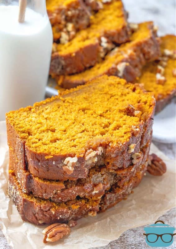 <p>The Country Cook</p><p>This pumpkin bread is like pumpkin pie in the form of bread! It is made so moist thanks to the pure pumpkin and brown sugar glaze. </p><p><strong>Get the recipe: <em><a href="https://www.thecountrycook.net/pumpkin-bread-with-brown-sugar-glaze/" rel="nofollow noopener" target="_blank" data-ylk="slk:Pumpkin Bread with Brown Sugar Glaze;elm:context_link;itc:0;sec:content-canvas" class="link rapid-noclick-resp">Pumpkin Bread with Brown Sugar Glaze</a></em></strong></p>