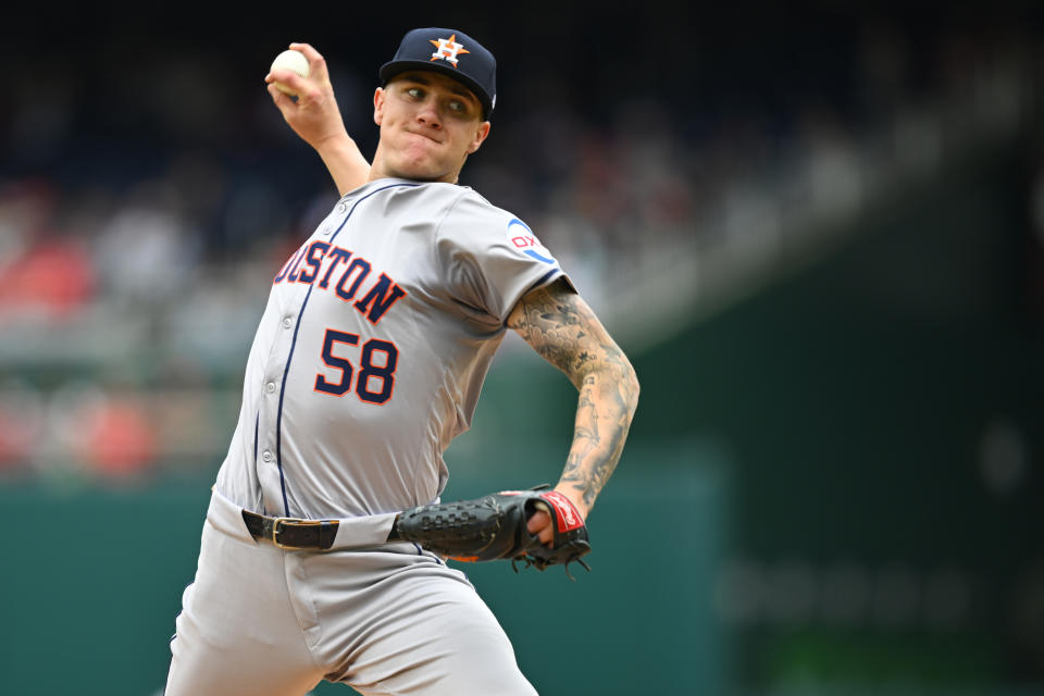 Houston Astros pitcher Hunter Brown throws during the first inning of a baseball game against the Washington Nationals at Nationals Park, Sunday, April 21, 2024, in Washington. (AP Photo/John McDonnell)