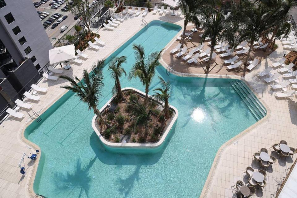 Pictured is a sneak-preview of the pool deck at the soon-to-open Gale Miami Hotel & Residences during a recent property preview on Thursday, May 16, 2024 in Miami, Florida.