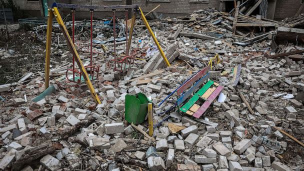 PHOTO: This photograph taken on Sep. 30, 2022 shows a playground in a yard of a destroyed apartment building in the town of Sviatohirsk, Ukraine. (Anatolii Stepanov/AFP via Getty Images)